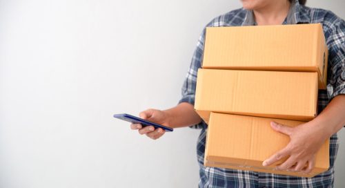 Female business owner holding phone and retail package parcel boxes checking commercial shipping delivery order on smartphone.