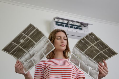 Woman holding very dirty air conditioner filters