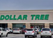 Cửa hàng Dollar Tree ở Houston, TX với bãi đậu xe phía trước.  Các cửa hàng giảm giá khác nhau ở Hoa Kỳ và Canada.