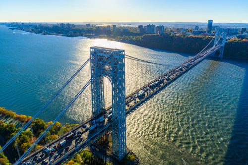 George Washington Bridge, NYC, rush hour, view from helicopter, silhouette