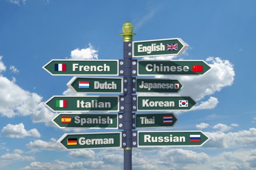 Languages signpost including English, French, Chinese, Dutch, Japanese, Italian, Korean, Spanish, Thai, German and Russian.
