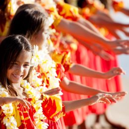 Hula girls with Hawaiian names on the beach with Hands raised