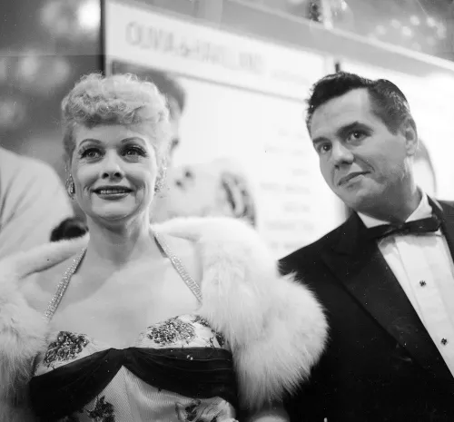 Lucille Ball and Desi Arnaz at a CBS party in 1955