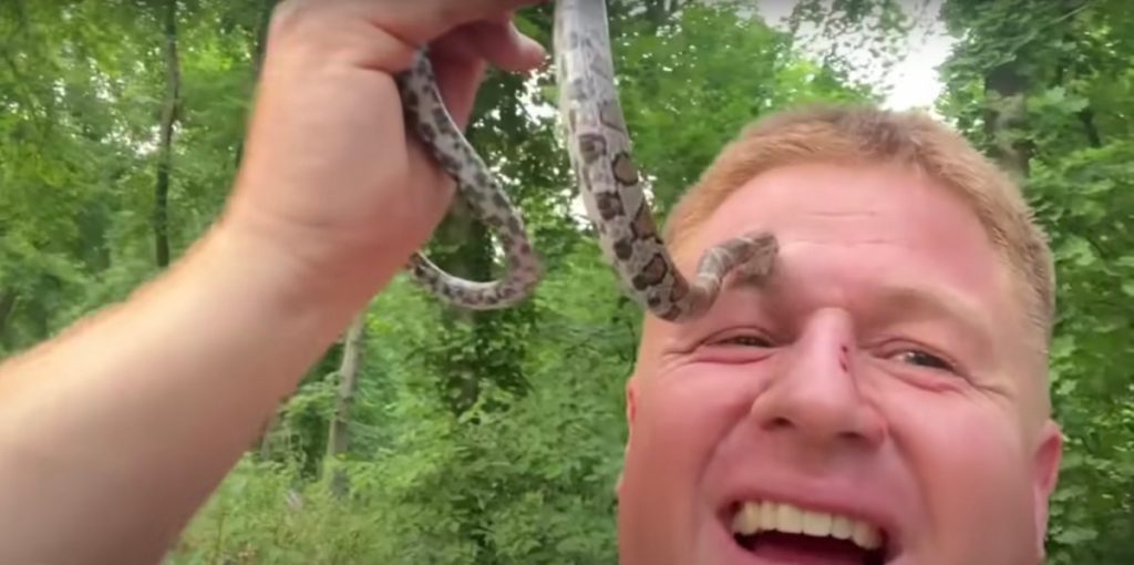 A man getting bitten on the eyebrow by a milk snake while smiling