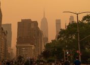 A hazy New York City skyline from the Canadian wildfires.