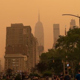 A hazy New York City skyline from the Canadian wildfires.