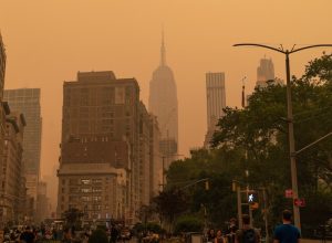 A hazy New York City skyline from the Canadian wildfires.
