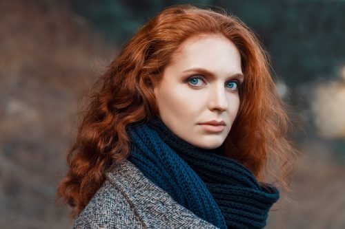 redhead woman blue scarf | MercerOnline