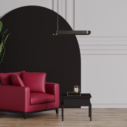 Viva magenta 2023 accent room. Luxury interior design with bright rich furniture. Gray black wall mockup. Burgundy maroon red deep armchair. Minimal interior design living lounge reception. 3d render