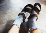 Wearing socks with sandal.
