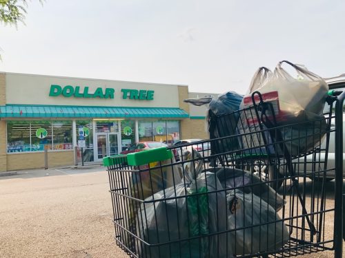 basket of groceries outside dollar tree