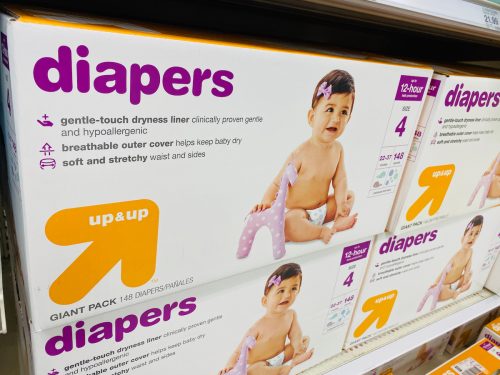 Close up of boxes of Target's Up & Up diapers