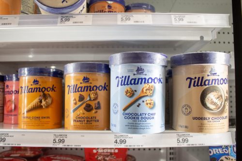 A view of several cartons of Tillamook ice cream, on display at a local grocery store.