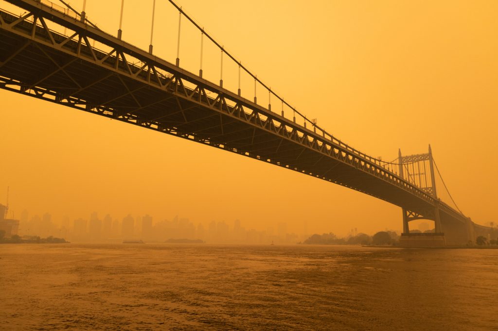 The Triborough Bridge in NYC enveloped in wildfire smoke