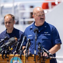 Capt. Jamie Frederick of the U.S. Coast Guard, joined by others from the U.S. Navy, Royal Navy and Woods Hole Oceanographic Institute, gives an update on the search efforts for five people aboard a missing submersible approximately 900 miles off Cape Cod, on June 21, 2023 in Boston, Massachusetts.