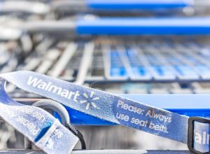 A close up of a strap on a Walmart shopping cart