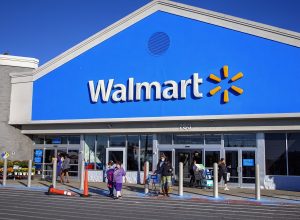 Walmart customers exit the popular retailer after shopping, Lynn Massachusetts USA, October 15 2022