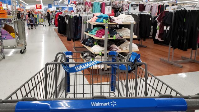 Walmart shopping cart and womens athleticwear section