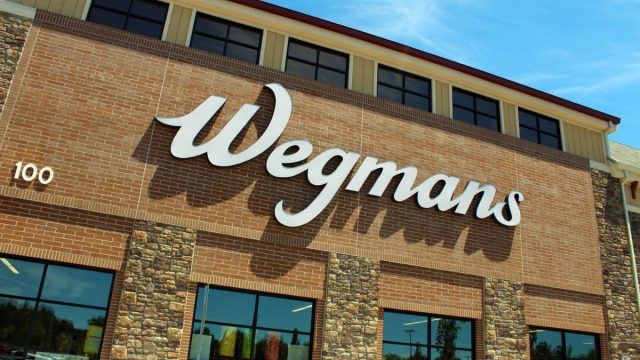 Exterior signage at Wegmans Food Markets at 100 Farm View in Montvale, NJ. Editorial use only.