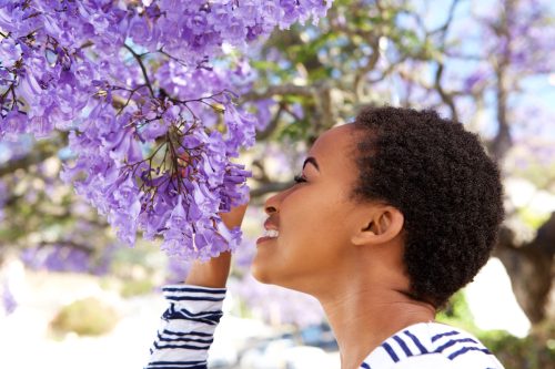 Portrait of young woman smelling purple flowers on tree