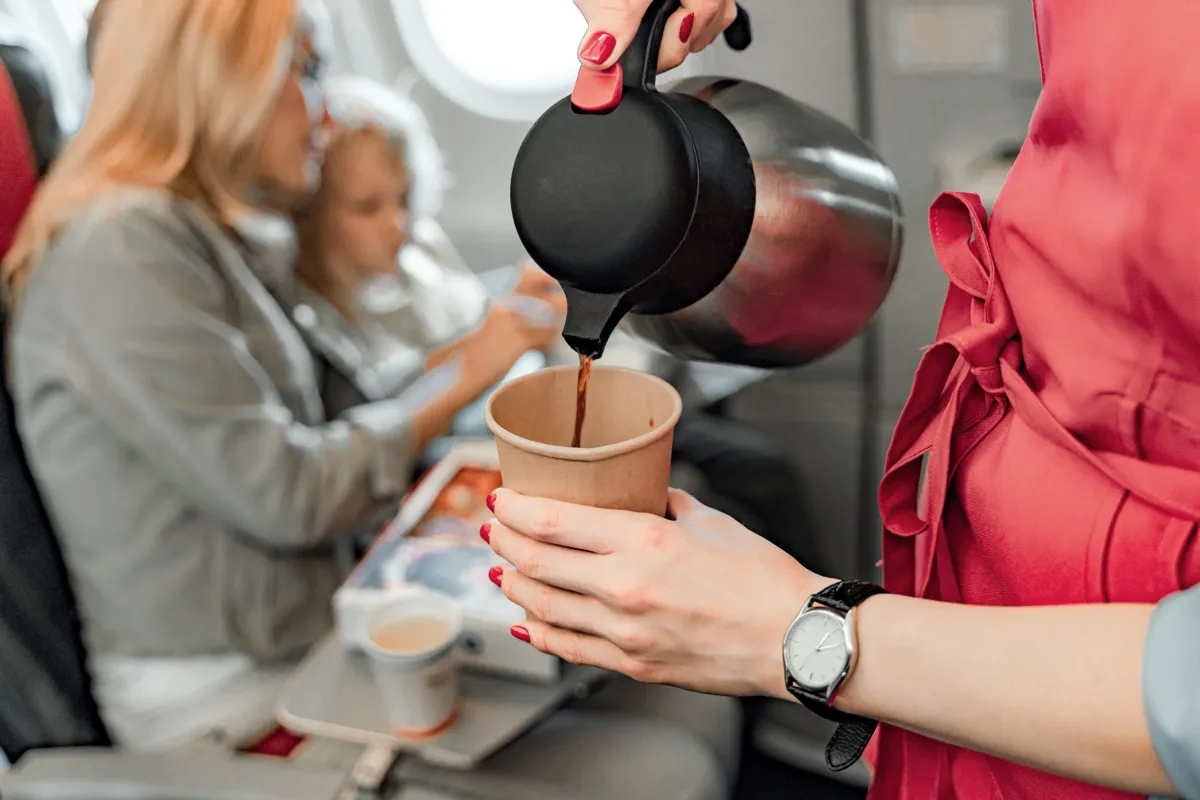 Cropped photo of stewardess holding teapot and paper cup stock photo