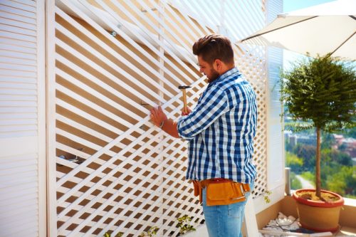 young adult man decorating the house wall, by setting up the wooden trellis for climbing plants