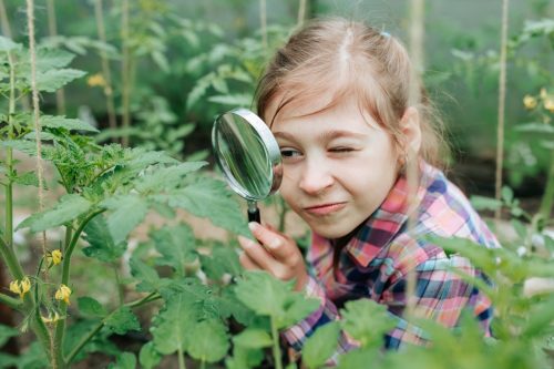 little girl exploring with a magnifying glass