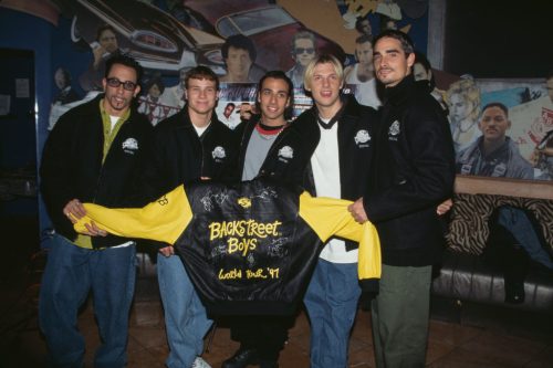 The Backstreet Boys at the Planet Hollywood Beverly Hills to donate an outfit from their recent world tour to Planet Hollywood's world renown collection of memorabilia, Los Angeles, US, 24th October 1997.