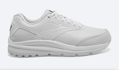 Product shot of a pair of white Brooks Addiction Walker 2 sneakers
