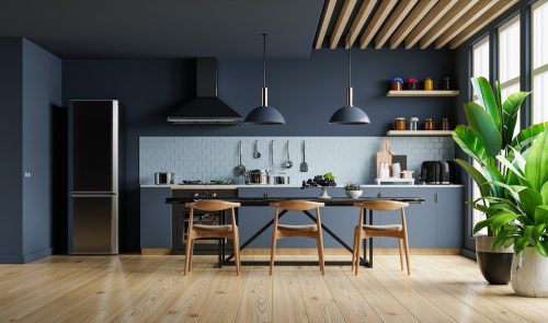 Modern style kitchen interior design with dark blue wall