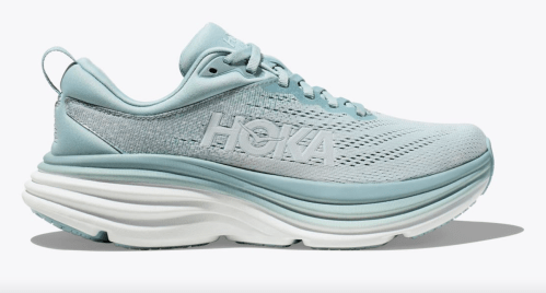 Product shot of a pair of Hoka Bondi 8 sneakers in a light blue color