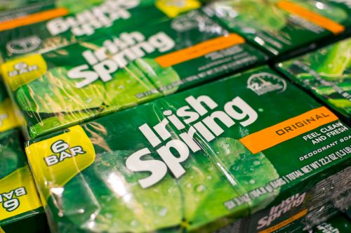 A stack of Irish Spring soap on display at a supermarket.