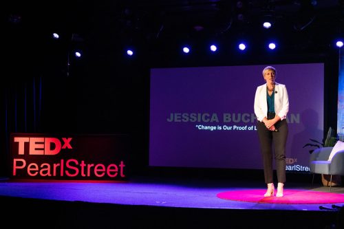 Jessica Buchanan giving a Ted Talk