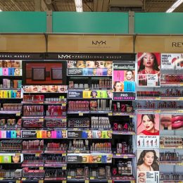 Close up of the makeup department shelves at Walmart