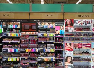 Close up of the makeup department shelves at Walmart