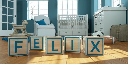 3D Illustration of the name felix written with wooden toy cubes in a blue nursery
