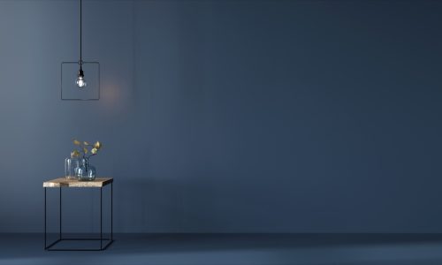 Monochrome navy blue interior with minimalistic wooden table, chandelier and glass vases with leaves / 3D illustration, 3d render