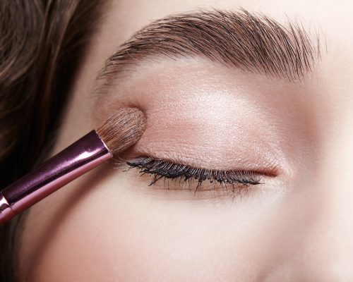 Close up of a makeup brush applying pale pink eyeshadow to a woman with brown eyebrows