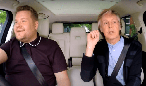 James Corden and Paul McCartney during "Carpool Karaoke" in 2018