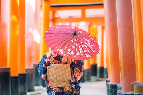 Rear view of a woman wearing a kimono and a backpack, carrying a parasole