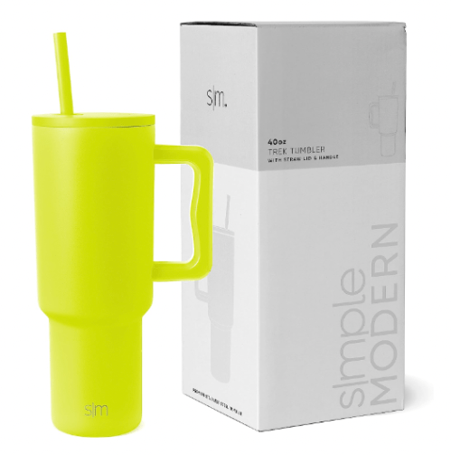 Product shot of a lime green/yellow Simply Modern tumbler and box