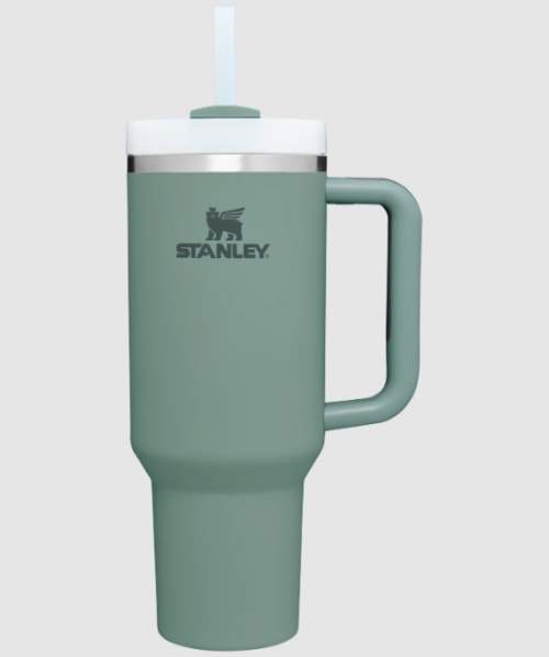 Product shot of a sage green Stanley Tumbler