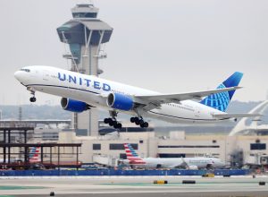 A United Airlines aircraft taking off from an airport