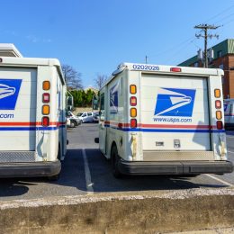 USPA Mail delivery trucks parked at the Ephrata Post Office in Lancaster County, PA.