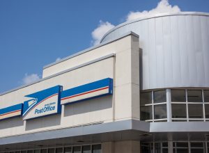 Austin, USA - September 7, 2009: Bright daylight exterior view of a modern United States Post Office in downtown Austin, Texas.