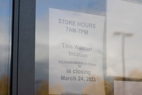 Store Closing notice is seen at the entrance to the Walmart Supercenter in North Portland, Oregon. Walmart is closing its last two Portland stores within city limits, citing underperformance.