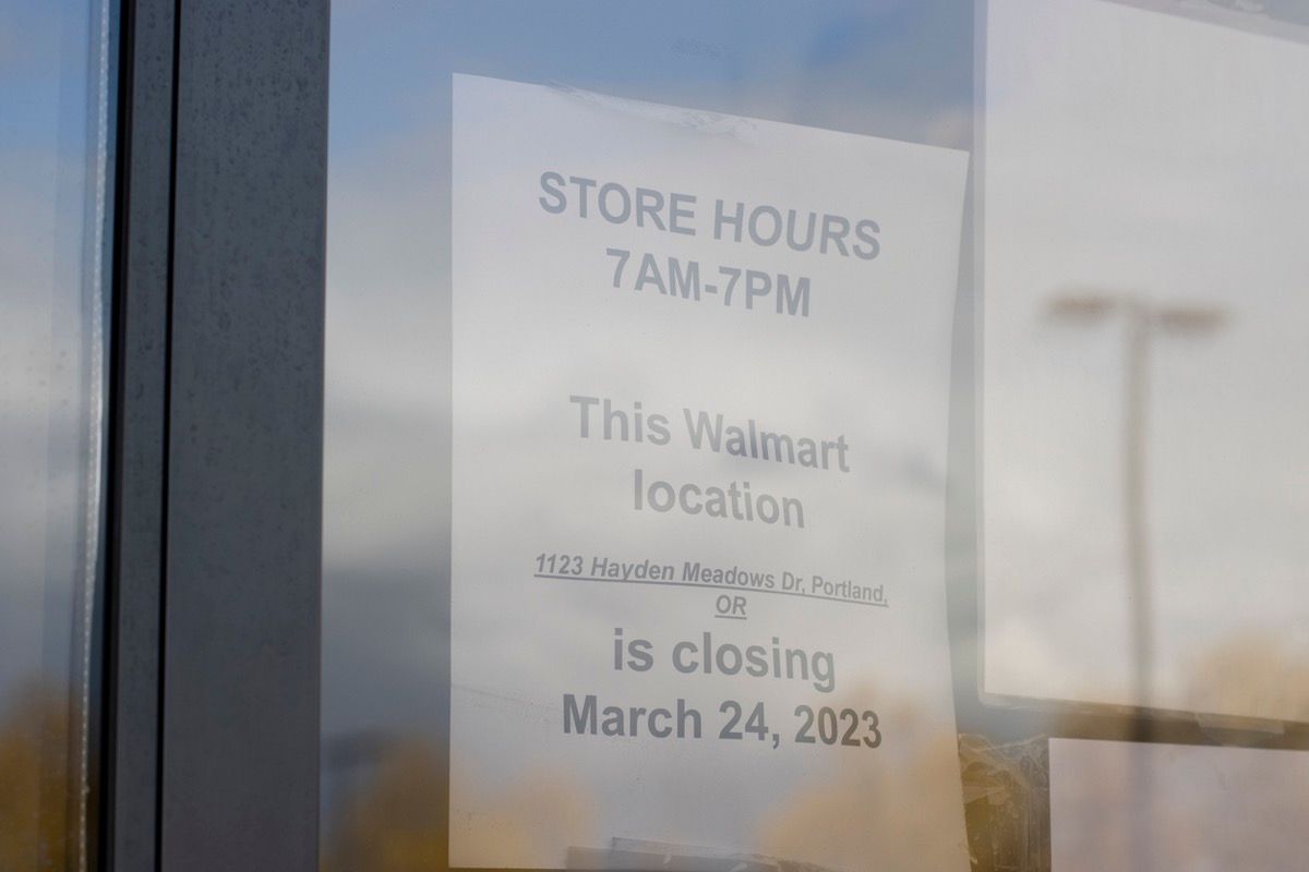 Store Closing notice is seen at the entrance to the Walmart Supercenter in North Portland, Oregon. Walmart is closing its last two Portland stores within city limits, citing underperformance.