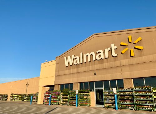 The exterior storefront of a Walmart location