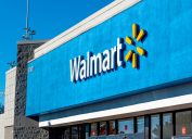 closeup of "Walmart" superstore's exterior facade brand and logo