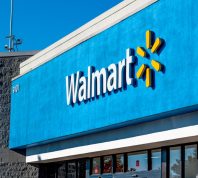 closeup of "Walmart" superstore's exterior facade brand and logo